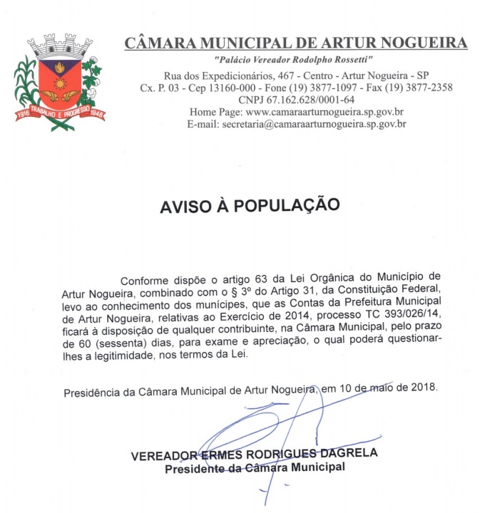 AVISO A POPULACAO CONTAS 2014