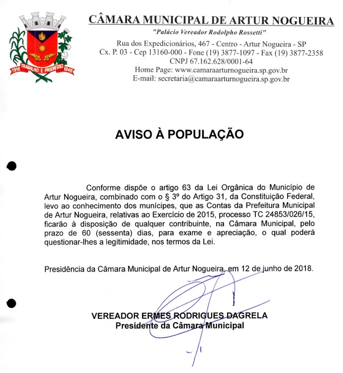 AVISO A POPULACAO CONTAS 2015