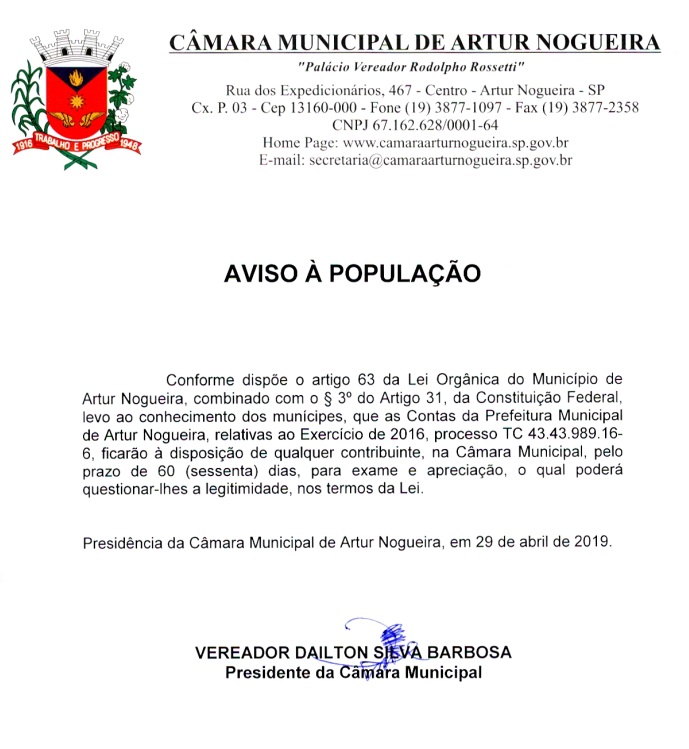 AVISO A POPULACAO CONTAS 2016