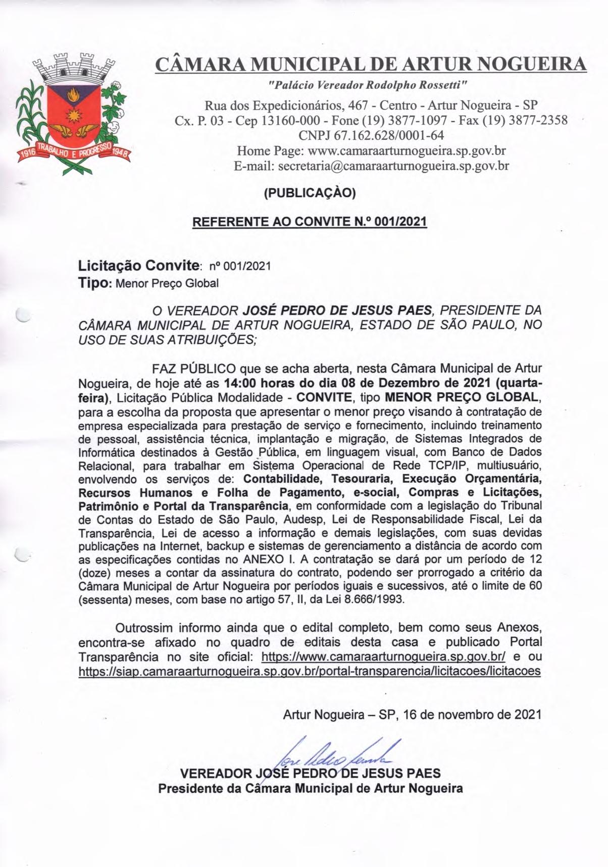 Edital Publicação licitação Convite 001 2021 Sistemas page 001