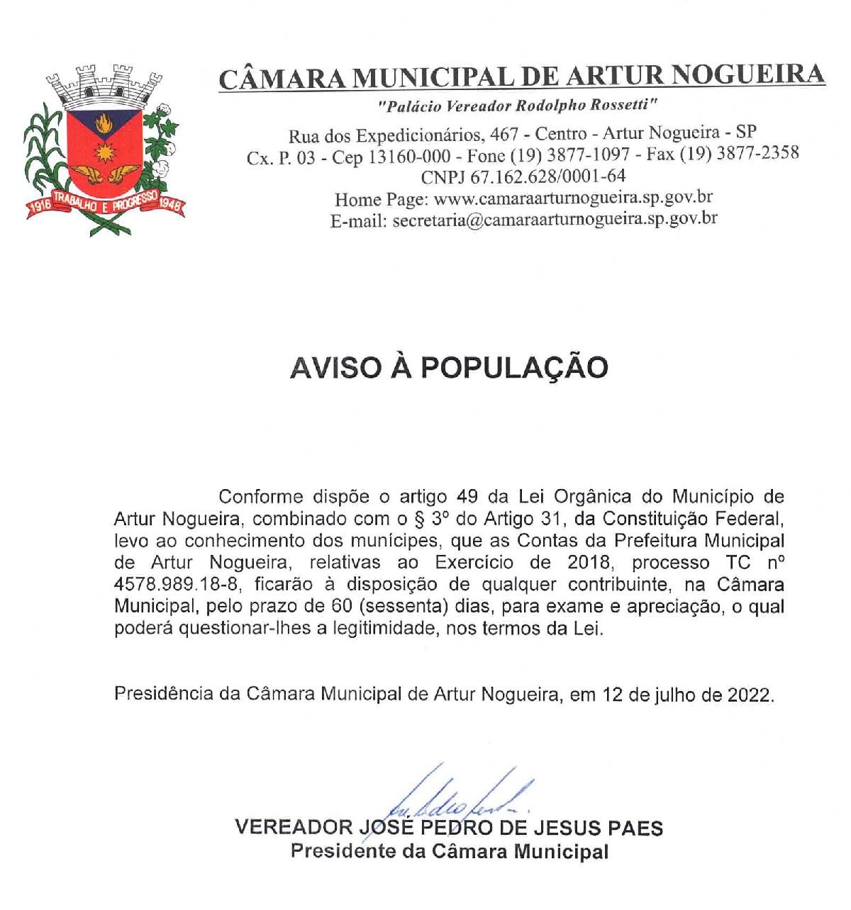 aviso a populacao contas 2018